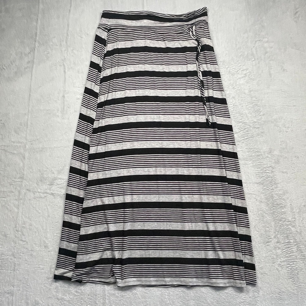 GNW Maxi Skirt Women Gray Black Striped Fold Over Waist Side Tie 47232112 XL
